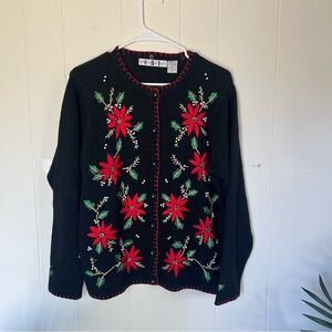 Oh Festive Black Cardigan with Red and Green Floral Embroidery